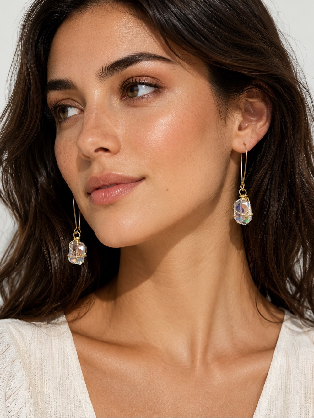 Gold Tone 7” Drop Earrings Iridescent Dangle Minimalist Boho Earrings - Picture 3 of 3
